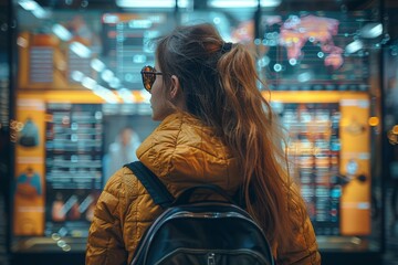 Poster - A woman seen from behind gazes upon a high-tech display board array, surrounded by data visuals