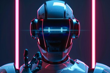 Poster - A robot wearing headphones under neon light. Generative AI