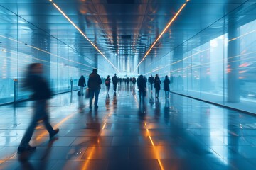 Poster - pedestrians walking through a sleek, modern tunnel with dynamic blue lighting and motion blur showca