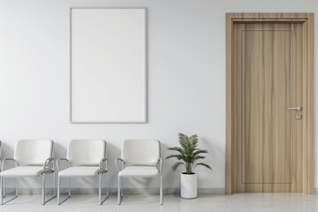 Sticker - A white wall with an empty poster mockup. A waiting room in the hospital decorated in the style of modern chairs and a wooden door