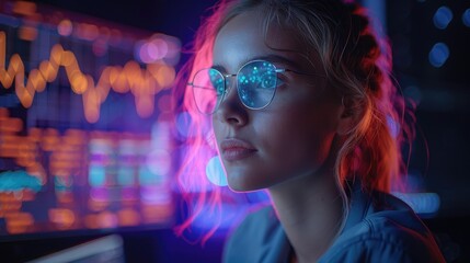 A young woman wearing glasses is looking at a computer screen with a futuristic interface.