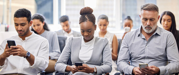 Aufkleber - Business people, seminar and smartphones in meeting with presentation for company in executive boardroom. Team, waiting and banner convention for training or teamwork with corporate tradeshow.