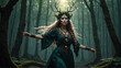 © Antti - Slavic forest deity dancing in a shady forest, animal goddess, beautiful lady, green dress and jewelry, shamanic folklore, high detail, fantasy illustration, no AI artifacts