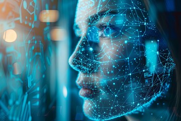 Poster - A womans face is illuminated by a futuristic interface, showing advanced technology and connectivity. Generative AI