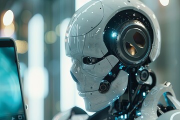 Poster - A robot is seen next to a cell phone, appearing to be engaged in communication. Generative AI