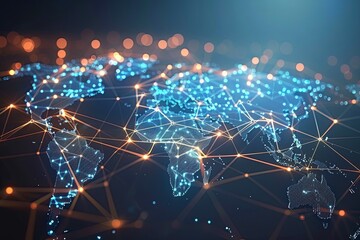 Poster - A blue map of the world displaying a global network connection in the form of pinpoint locations and lines. Generative AI