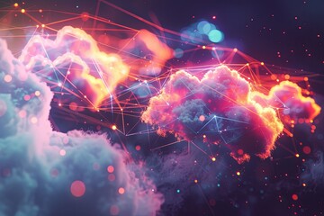 Poster - Abstract representation of cloud computing with colorful clouds featuring intricate patterns of lines and dots against a vibrant sky backdrop. Generative AI