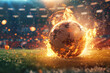 Soccer ball engulfed in flames with sparks flying at evening game