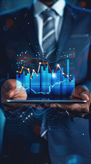 Wall Mural - Business man holding tablet and showing holographic graphs and stock market statistics gain profits Concept of growth planning and business strategy Display of good economy form digital