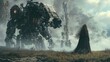 © anis rohayati - Woman in a black robe stood looking at the destroyed giant robot wallpaper AI generated image