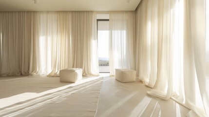 Wall Mural - bright minimalist interior, minimalist bright interior with floor-to-ceiling curtains enhances natural light, openness, and spaciousness