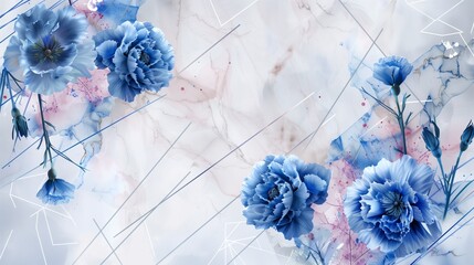 Wall Mural - Vintage-inspired wall art with abstract blue carnations and marbled diamond textures.