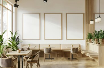 An empty white wall in the middle of a minimalist coffee shop with three square blank poster frames on it