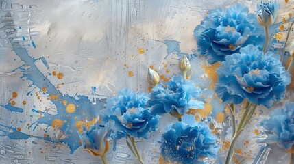 Wall Mural - Retro wall art featuring macro blue carnations on a textured backdrop with gold powder and tidewater stains for a vintage holiday card design.