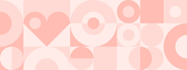 Wall Mural - Seamless pink background for Mother's Day card template. Trendy geometric shapes with circles, squares and hearts in retro style for a Valentine's Day or wedding day cover.