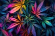 Vibrant Colorful Cannabis Leaves Close-Up. Top view Marijuana multicolored plants pattern background