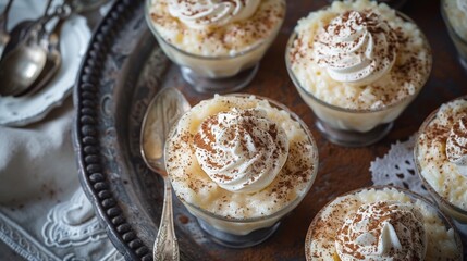 Poster - gourmet rice pudding, rice pudding with whipped cream and cocoa powder, decadent dessert servings on a tray for a special occasion