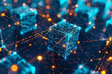 Poster - A geometric cube rendered in abstract style with a color palette of blue and yellow, creating a striking visual contrast. Generative AI