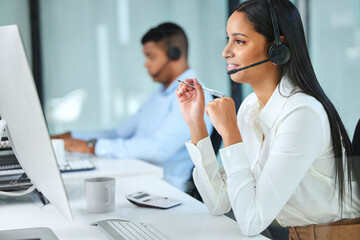 Poster - Computer, callcenter and woman with discussion, headset and sales consultant in customer service conversation. Lead generation, telemarketing and virtual assistant with phone call at help desk office