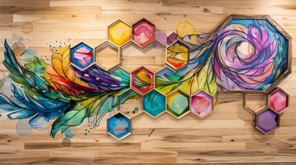 Wall Mural - Colorful feather swirls on oak mural with white lattice, accented by vibrant hexagons.