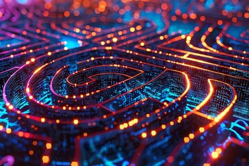 Poster - A computer-generated maze filled with intricate pathways and nodes, representing a digital labyrinth of data. Generative AI