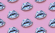 Seamless pattern of 3d holographic silver  lips on pink background. Fashion illustration. Creative and trendy concept. 3d style print