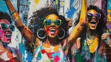 An Oil Painting Of Women On The Streets Celebrating With Their Fists In The Air, Wearing Sunglasses And Fashionable . Vibrant Colors And Colorful Brush Strokes