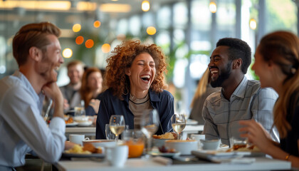 Wall Mural - showing a diverse group of workmates laughing and sharing stories over lunch in the bright, modern office cafeteria, Business, workmates, office, cafeteria, with copy space