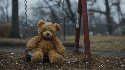 Wall Mural - On a dreary day at the playground a lost teddy bear with a forlorn expression sits abandoned on a swing embodying the themes of loneliness and loss This scene serves as a poignant reminder o