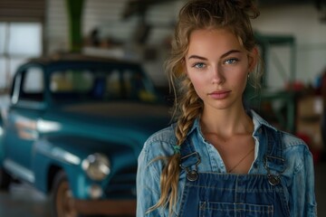 Wall Mural - A woman in a denim overalls and a blue shirt is standing in front of a blue car