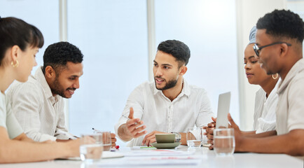 Leinwandbilder - Leader, group meeting and creative business people in discussion, planning or brainstorming ideas in startup. Team, collaboration and project strategy on laptop for financial consultant writing notes