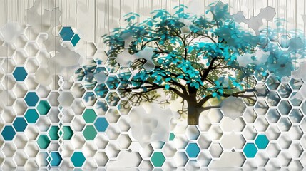 Wall Mural - Dynamic, colorful hexagons add a layer of complexity and vibrance to a white lattice pattern on oak with a central tree design in turquoise and blue.