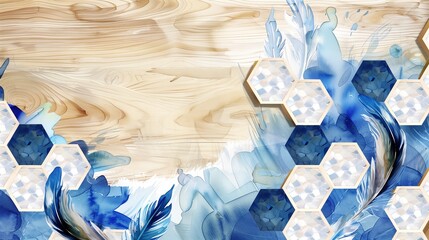 Wall Mural - Ocean-themed watercolor mural on oak, feathers as waves through white lattice, hexagons in blue and beige.