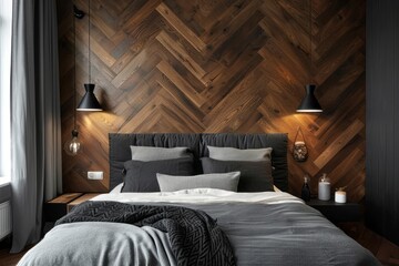 Sticker - Dark oak herringbone wood paneling on the walls in the bedroom with a grey bed and black lamps