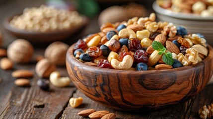 Poster - wooden bowl with nuts and fruits on rustic table, healthy snack idea with space for text