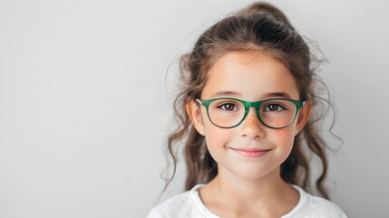 Poster - Young girl with glasses smiling on a light background. Studio portrait with soft lighting. Casual and natural style, perfect for educational content. AI