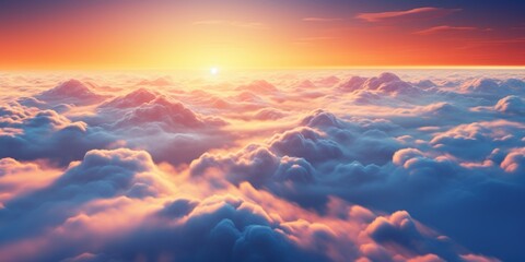 Wall Mural - Sunrise Above Clouds With Warm Orange And Blue Color In Sky. Cloudscape At Dawn. First Light Of Day In Sky. Generative AI