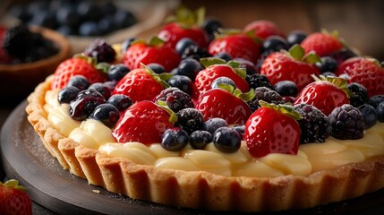 Wall Mural - fruit tart recipe, delicious dessert: custard-filled tart with fresh fruit topping on a buttery shell, perfect for any celebration