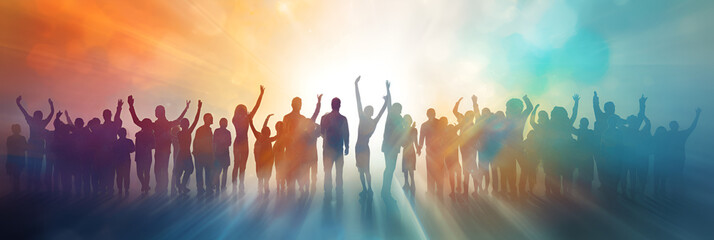 Lively Party Crowd Silhouette on a Vibrant Watercolor Background