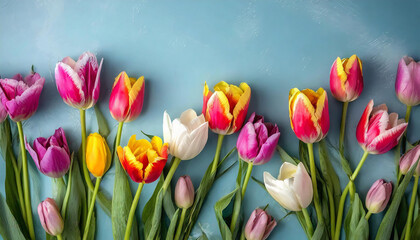 Wall Mural - Colorful blooming tulips border banner on blue background 