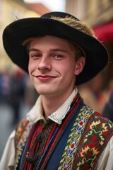 Wall Mural - A handsome young man in traditional Czech clothing in street with historic buildings in the city of Prague, Czech Republic in Europe.