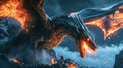 Wall Mural - Angry evil dragon with red eyes and fire flames.