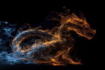 Wall Mural - A dragon made from fire and lights over black background.