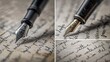Writing Process: A series of images showing the progression of writing with a fountain pen, starting with the pen poised above the blank page, then mid-writing. Generative AI