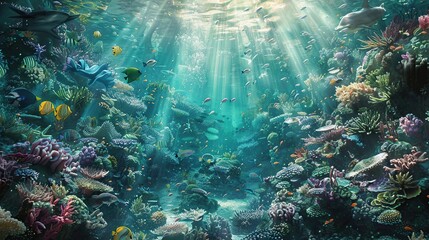 Wall Mural - Submerged Spectacle, Magnificent Display of Oceanic Fauna. Generative Ai