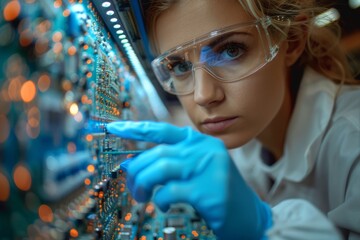 Poster - Detailed image of a young female scientist examining electronic components in a tech lab