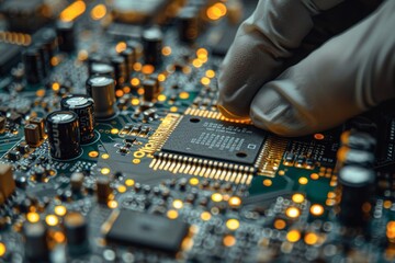 Poster - Close-up of gloved hands installing a central processing unit on a circuit board, highlighting technology, precision and electronics