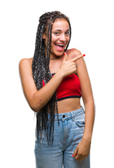 Poster - Young braided hair african american with pigmentation blemish birth mark over isolated background cheerful with a smile of face pointing with hand and finger up to the side.