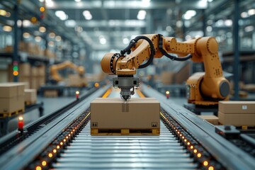 Poster - Industrial robotic arm engaged in packaging boxes on a conveyor belt in a modern manufacturing plant, symbolizing automation and technology