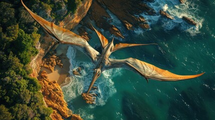 Wall Mural - flying dinosaur, pterodactyl, flying high in sky over sea coast. photorealistic.